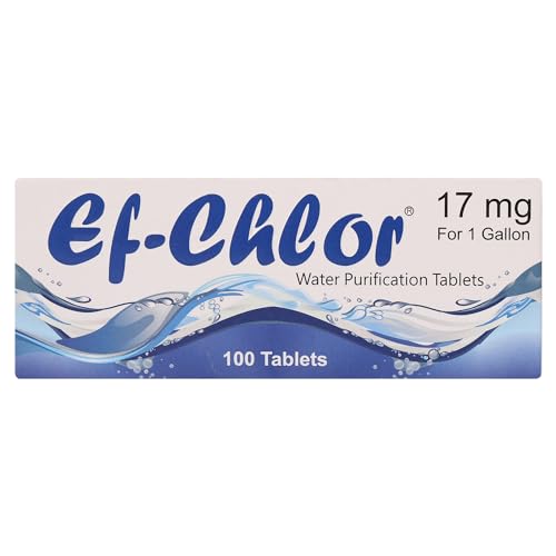 Ef-Chlor Water Purification Tablets (17 mg - 100 Tablets) - Portable Drinking Water Treatment - Ideal for Emergencies, Survival, Travel and Camping, Purifies 1 Gallon Water in 1 Tablet