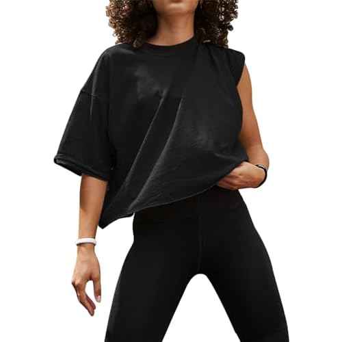 UEU Women's Comfy Basic Workout Gym Short Sleeve Crop Tops Casual Loose Oversized T-Shirts