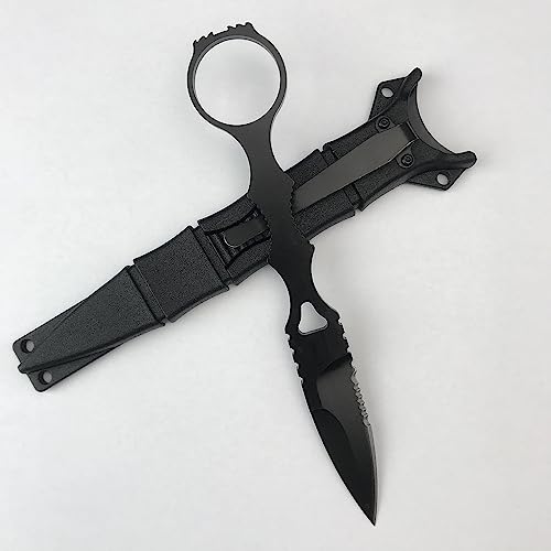 6.7" Socp Dagger Black Handle, 440C Fixed Blade Semi-Serrated Boot Knife, Hunting Tool with Kydex Sheath and Pocket Clip