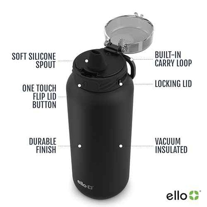 Ello Cooper 40oz Stainless Steel Water Bottle with Straw and Carry Handle, Double Walled and Vacuum Insulated Metal, Leak Proof Locking Lid with Soft Silicone Spout, Reusable, BPA Free, Black