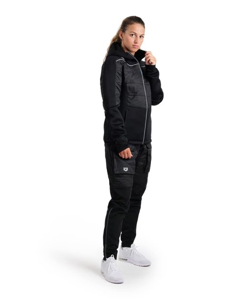 ARENA Team Unisex Half-Quilted Hooded Jacket Regular Fit Full Zip Side Pockets Insulated Panels Reflective Taping Athletic Sports Cold Weather Coat, Black, Large