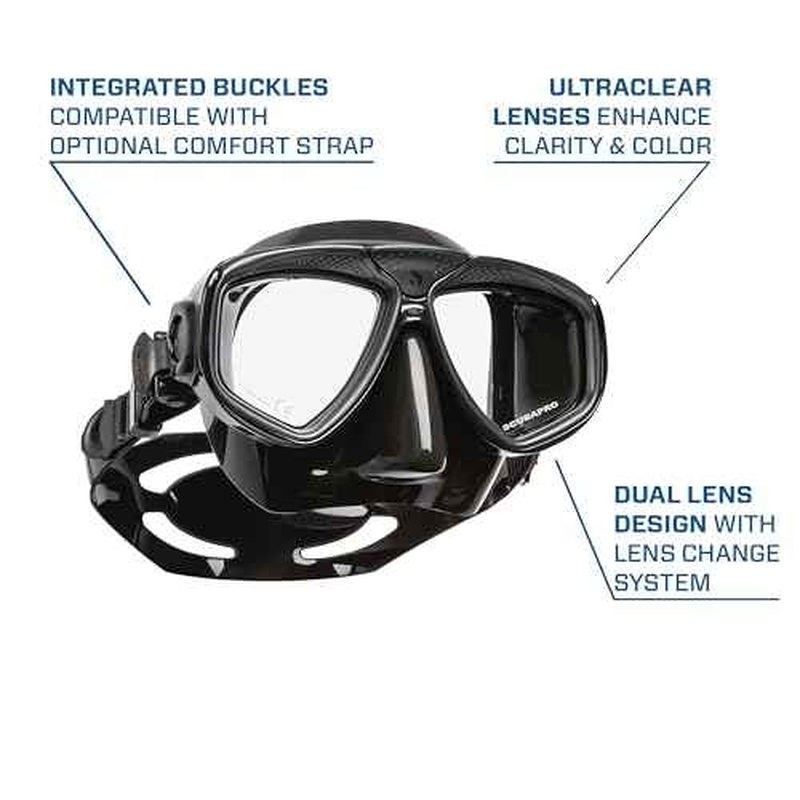 SCUBAPRO Zoom Scuba Mask with Ultra Clear Dual Lens and Lens-Change System for Optical Lenses for Diving, Full Black