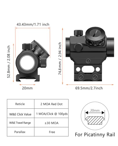 MidTen 2MOA Red Dot Sight 1x25mm Reflex Sight Waterproof & Shockproof & Fog-Proof Red Dot Scope, Mini Riflescope with 1 inch Riser Mount, Black