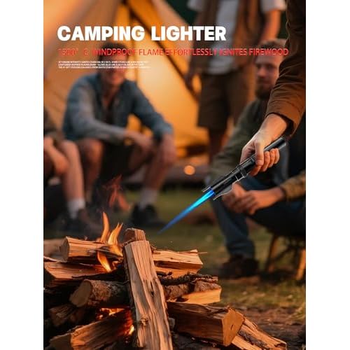 Bright Fire Torch Lighter Butane Refillable, Long Jet Flame Butane Lighter with Long Handle, Adjustable Windproof Lighters for Cooking Fireplace Camping BBQ Lighters Gift for Man (Without Fuel) Black