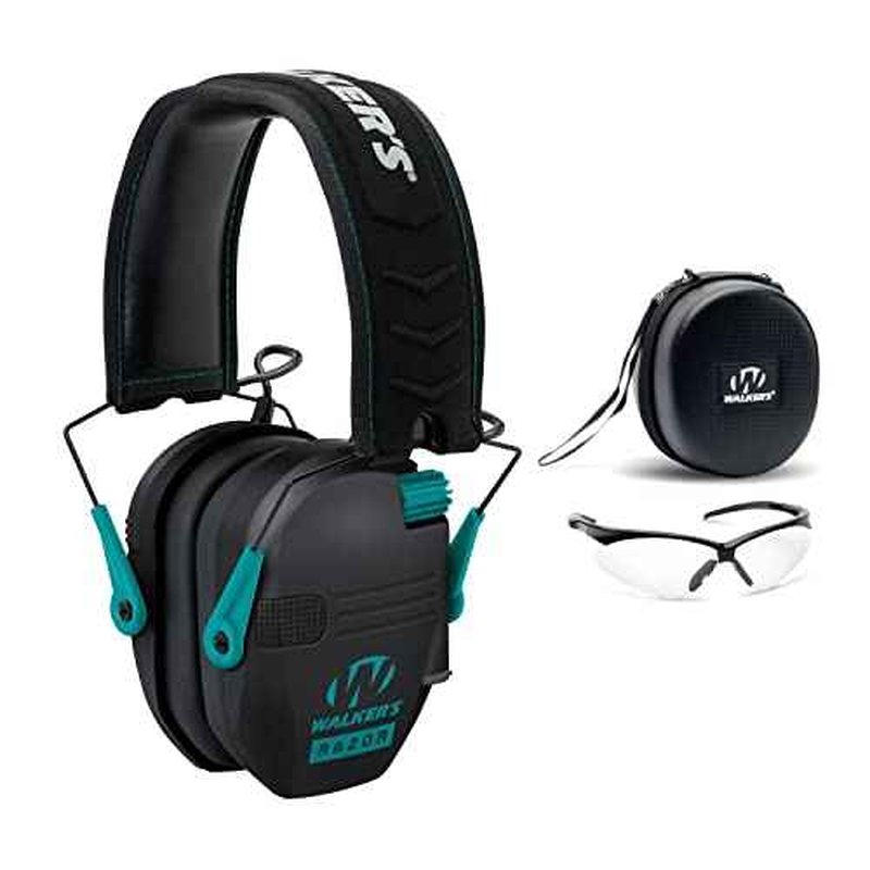 Walker's Razor Slim Electronic Muff (Black/Teal) with Protective Case and Shooting Glasses Bundle (3 items)