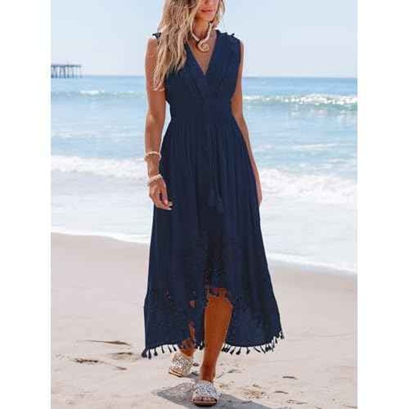 CUPSHE Women's Maxi Dress V Neck Sleeveless Lace Tassel Smocked Waist Cover Up Beach Formal Long Dress