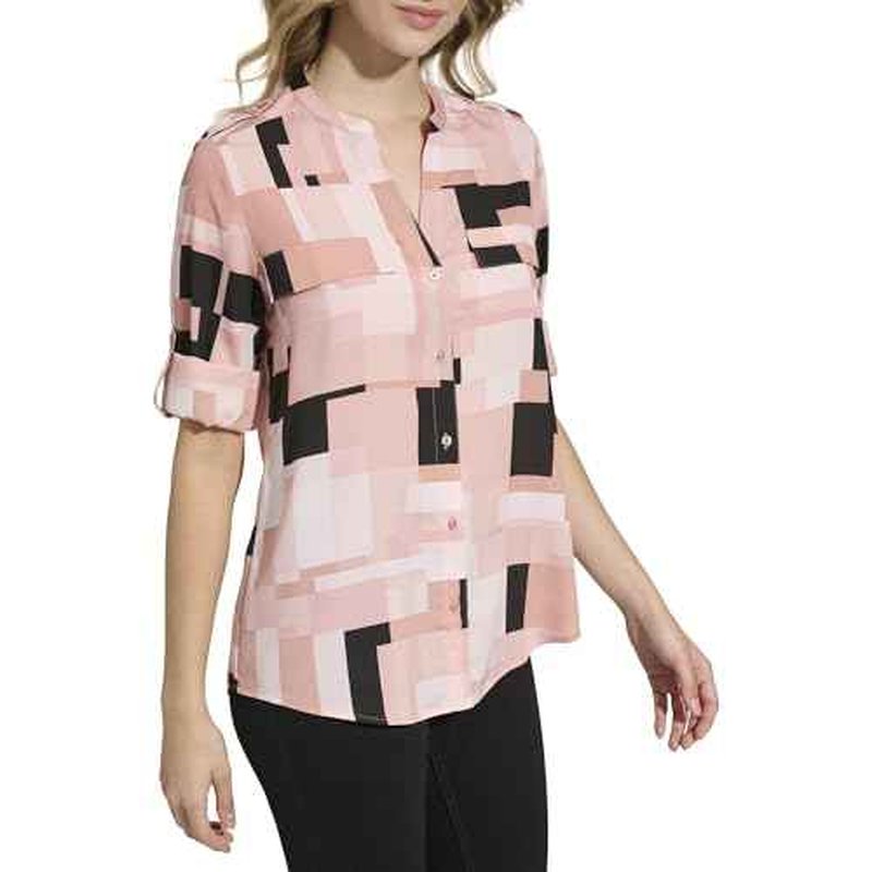 Calvin Klein Womens Printed Roll Tab Sleeve Blouse