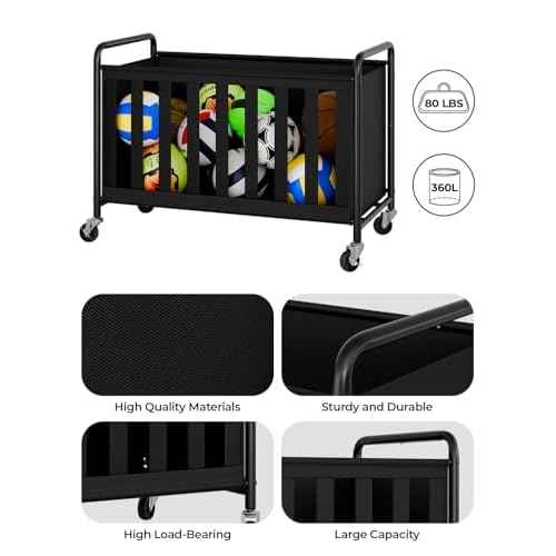 StorageWorks Ball Storage with Wheels, Ball Cart for Garage, Garage Sports Equipment Organizer, Balls Organizer for Basketball, Football, Volleyball