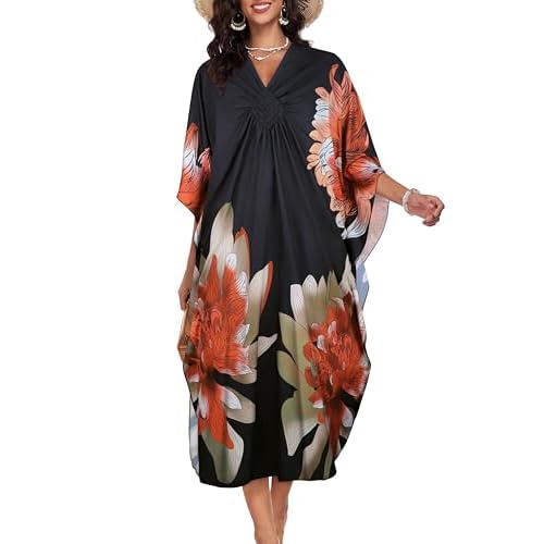 Kaftan Dresses for Women V Neck Caftans Long Batwing Sleeve Beach Cover Ups Summer Floral Print Dress
