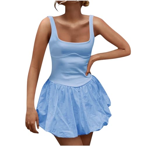 Women's Mini Dresses Tennis Skirts 2024 Fashion Patchwork Solid Color Sleeveless Sports Tank Dress Beach Sundress Light Blue Large