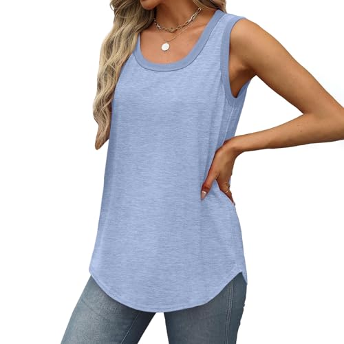 LIKEOULI sales today clearance women prime deals Tank Tops for Women 2024 Summer Casual Loose Sleeveless Tops Ribbed Trim Scoop Neck Curved Hem Womens Tank Topsprime of day