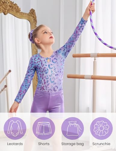 Arshiner Girls Gymnastics Leotard Set 6-7 Years Purple Leopard Long Sleeve Tumbling Outfit