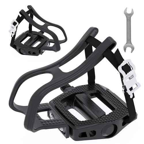 SPD Bike Pedals with Toe Cages, 9/16'', Dual Function with Straps and Clip, Alloy Spindle for Indoor Exercise Cycling Spin Mountain Road Bikes, Peloton, Schwinn, Sunny Bikes