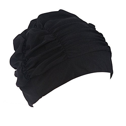 Ewanda store Colorful Pleated Nylon Cloth Swim Cap Large Swimming Cap Hot Spring Bathing Caps for Adult Men Women Long Hair(Black)