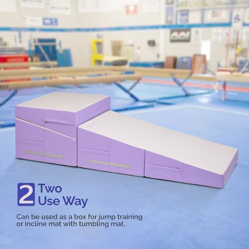 Matladin Incline Gymnastics Mat, 48"x24"x14" Tumbling Mats, Folding Gymnastics Cheese Wedge Mat, Gym Fitness Tumbling Skill Shape Mat for Kids Girls Home Training Exercise (White, Purple)