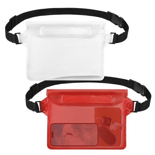 jealkip 2-Pack Waterproof Pouch with Adjustable Waist Strap, Waterproof Dry Bag, Keeps Cell Phones and Valuables Safe and Dry, Perfect for Kayaking, Beach, Camping and Swimming (Red + White)