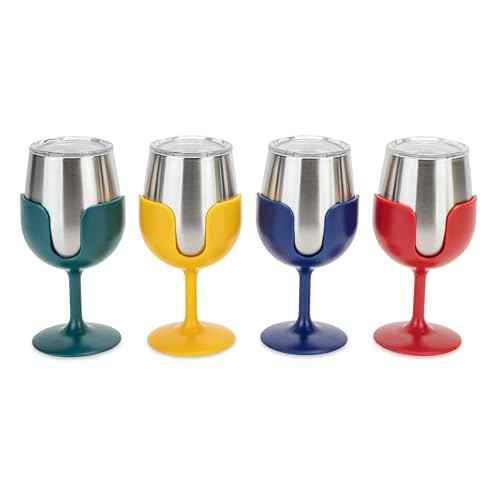 Camco Life is Better at The Campsite Stainless Steel Wine Tumbler 4-Pack - Features Heavy Duty Double Wall Vacuum Insulation & Removable Navy, Red, Green & Yellow Stems - Holds 8-oz Each (53465)