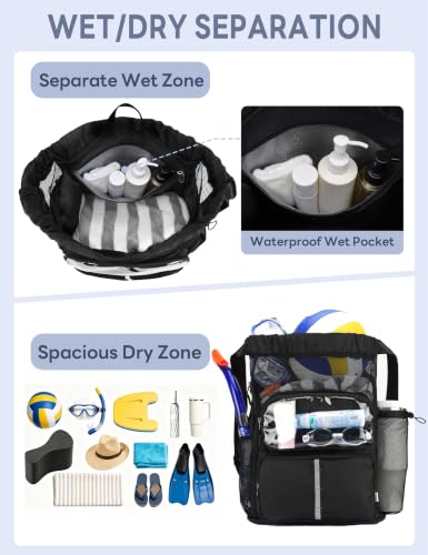 RHDZO Black Drawstring Beach Backpack with Wet Pocket & Shoe Compartment