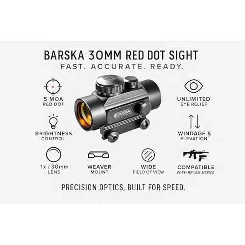 Barska 30mm Red Dot Sight ? 1x Magnification, 5 MOA Reticle, Adjustable Brightness, Unlimited Eye Relief, Weaver Mount ? for Rifles, Handguns, Shotguns & Bows