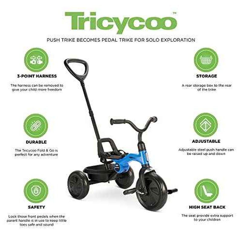 Joovy Tricycoo Fold & Go Toddler Tricycle Featuring Removable, Adjustable Push Handle, Lockable Pedals, Height-Adjustable Seat, 3-Point Safety Harness, and Rear Storage Box (Blueness), 27.6"x18.5"x37"