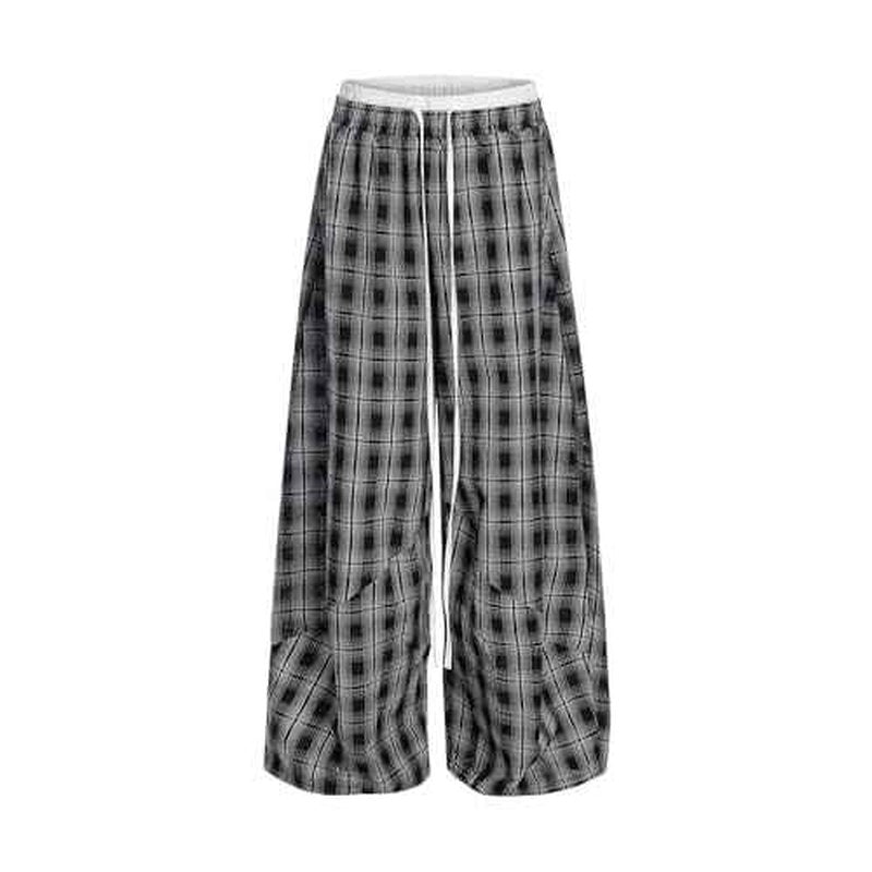 Aelfric Eden Plaid Baggy Sweatpants Women Double Waist Streetwear Y2K Unisex Casual Wide Leg Elastic Waist Trousers Pants