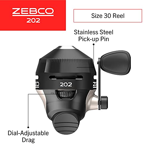 Zebco 202 Spincast Fishing Reel, Size 30 Reel, Right-Hand Retrieve, Durable All-Metal Gears, Stainless Steel Pick-up Pin, Pre-Spooled with 10-Pound Zebco Fishing Line, Black, Clam Packaging