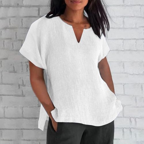 Linen Tops for Women Summer Plus Size T Shirts V Neck Loose Blouses Trendy Tops for Women 2024