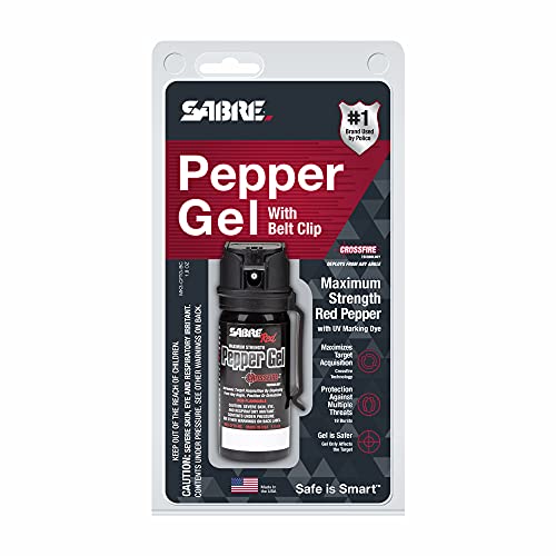 SABRE Crossfire Pepper Gel for Self Defense, Deploys At Any Angle, Maximizes Target Acquisition Against Threats, Easy Carry Belt Clip, Safety Flip Top, Max Police Strength Pepper Spray, 1.5 fl oz