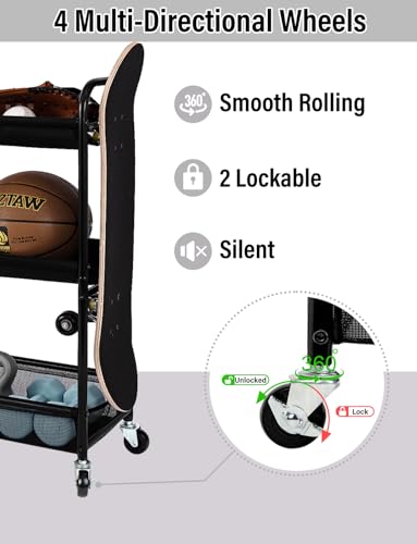 StorageWorks Sports Equipment Organizer with Hooks, Ball Rack Organizer with Wheels, 3-Shelf Ball Rack for Basketball, Football, Volleyball, Medium