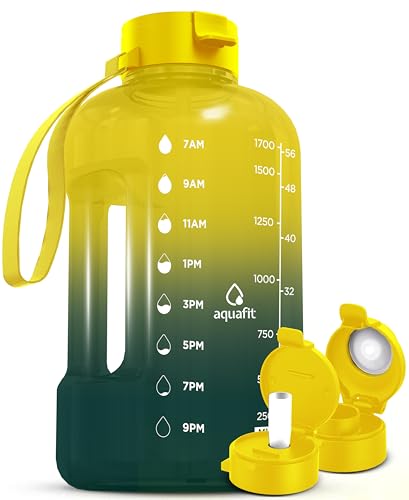 AQUAFIT 64 oz Water Bottle with Time Marker - Straw & Chug Lid - BPA Free Half Gallon Water Bottle, Big Water Bottle with Straw - Gym Water Bottle with Handle, Gallon Water Jug (Forest Fade, 64 oz)