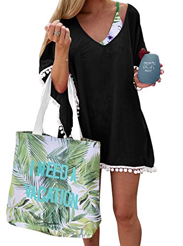 PINKMSTYLE Women's Chiffon Pom Pom Kaftan Swimwear Bathing Suit Beach Cover Up Black Medium