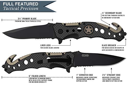 Swiss Safe 3-in-1 Tactical Knife for Military and First Responders - Carbon Fiber Gray