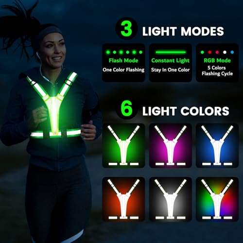 Fokia Kunbio LED Reflective Running Vest Gear,Light Up Vest Runners Night Walking USB Rechargeable,Up to 11hrs Light with Adjustable Waist/Shoulder for Women Men Kids (Colorful Lights)