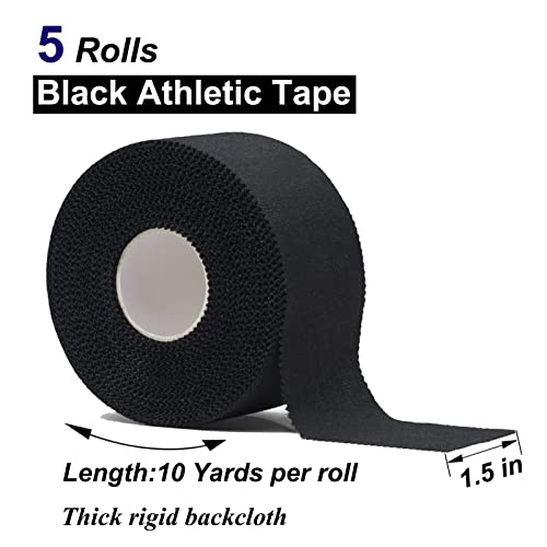 ADMITRY (5 Pack) Black Athletic Tape,Sports Tape Strong Stick No Sticky Residue for Hockey Climbing Sports Medical Splints (Black,1.5 Inch X 50 Yards)