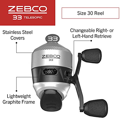 Zebco 33 Spincast Reel and Telescopic Fishing Rod Combo, Extendable 22.5-Inch to 6-Foot E-Glass Fishing Pole, Size 30 Reel, Quickset Anti-Reverse Fishing Reel with Bite Alert, Silver/Black