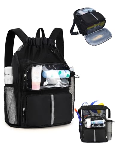 RHDZO Black Drawstring Beach Backpack with Wet Pocket & Shoe Compartment