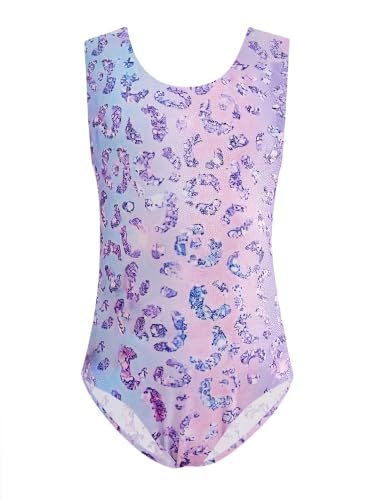 Arshiner Girls 4-5T Purple Gradient Leopard Gymnastics Leotard & Sparkly Dance Shorts Set