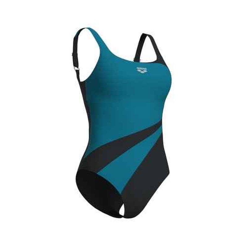 ARENA Women’s Liliana Shapewear U Back One Piece Swimsuit B Cup Built in Bra Ladies Shaping Bathing Suit Tummy Control Swimwear, Night Gray/Green Blue, Size 38