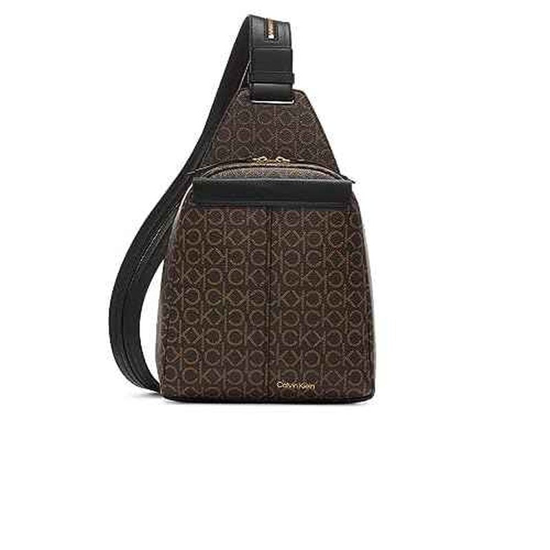 Calvin Klein Women's Millie Backpack for Women ? Vegan Leather Monogram Backpack, 2 Pockets, Brown/Khaki/Black, One Size