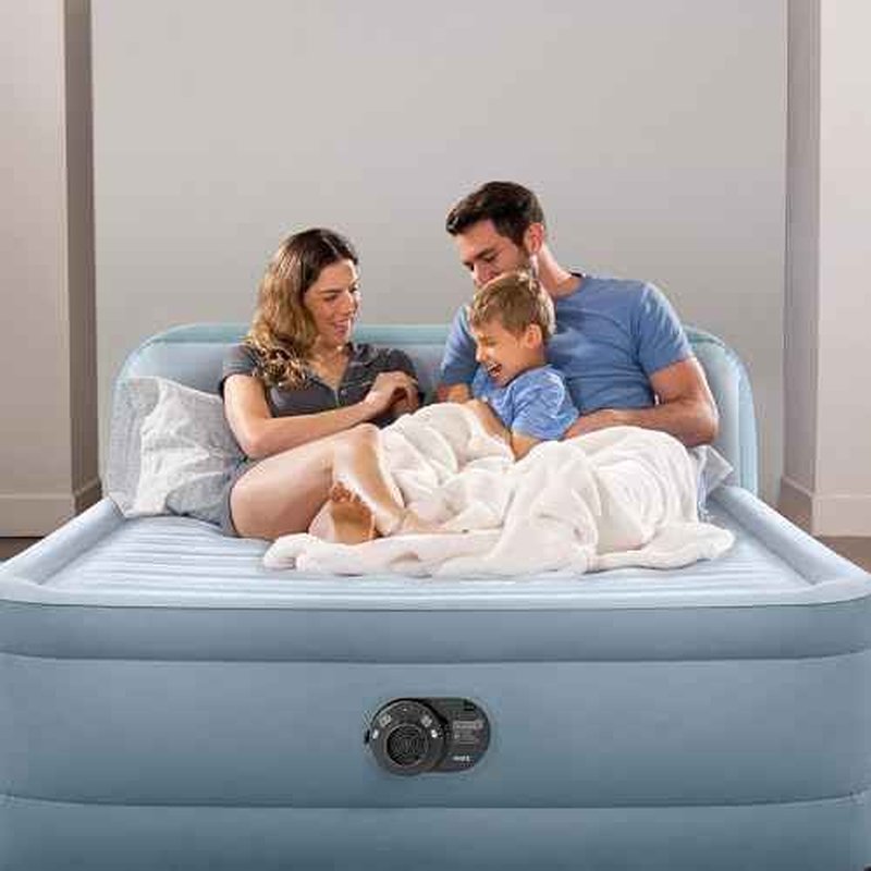 Intex 64449ED Dura-Beam Deluxe Plush Air Mattress with Headboard: Fiber-Tech - Queen Size - Built-in Electric Pump - 18in Bed Height - 600lb Weight Capacity