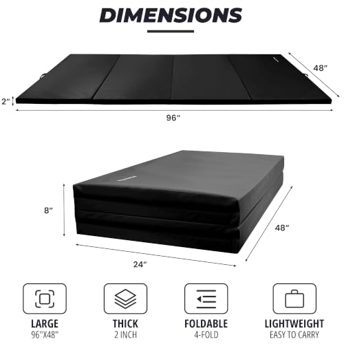 Black HulkFit 4x8 Folding Gymnastics Mat - 2 Inch Thick Tumbling Floor for Home Gym