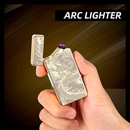 LcFun Electric Lighters Rechargeable USB Lighter, Plasma Dual Arc Lighter, Windproof Flameless Cool Lighters for Candles, Incense Stick, Outdoor Camping (Gold Dragon)