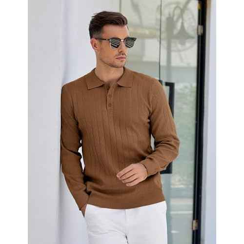 COOFANDY Mens Knit Polo Sweater Long Sleeve Polos Lightweight Casual Dress Pullover Sweaters