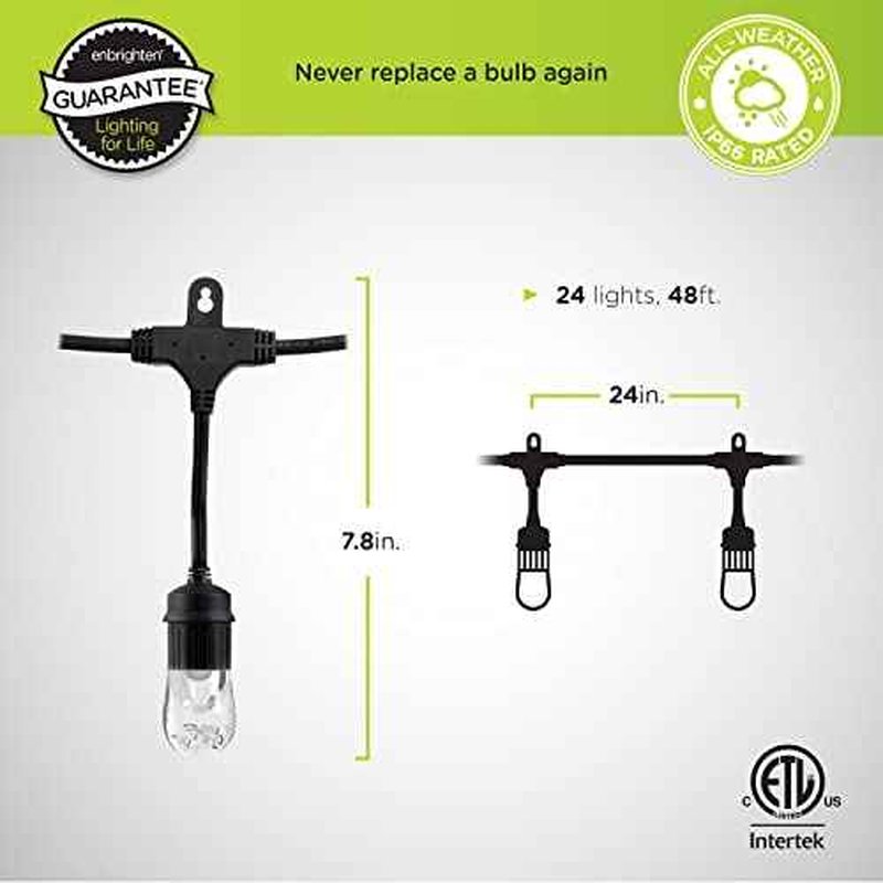 Enbrighten Classic Warm White String Lights, 48ft Black Cord, 24 Shatterproof Acrylic Bulbs, Weatherproof, Outdoor String Lights, 31664