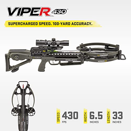 TenPoint Viper 430 Crossbow, Moss Green - 430 FPS - Includes RangeMaster 100 Scope, ACUslide Silent Cocking & Safe De-Cocking + 3 Pro Elite 400 Carbon Crossbow Arrows