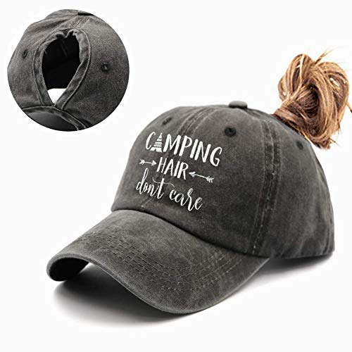 Waldeal Womens Embroidered Camping Hair Don't Care Ponytail Hat Adjustable Glamping Baseball Cap Black