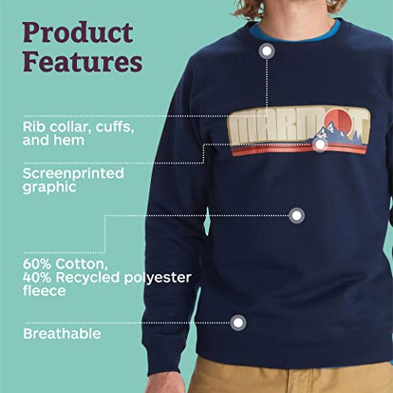 MARMOT Men's Montane Crew Sweatshirt - Screen Printed Graphic on Warm, Breathable, Eco-Friendly Cotton/Poly Blend