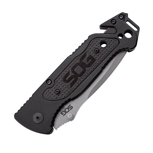 SOG Escape Tactical Folding Pocket Knife- 3.4 Inch Serrated Edge Blade Knife w/ Glass Breaker, Wire Stripper and Line Cutter Blades-Satin (FF25-CP),Black