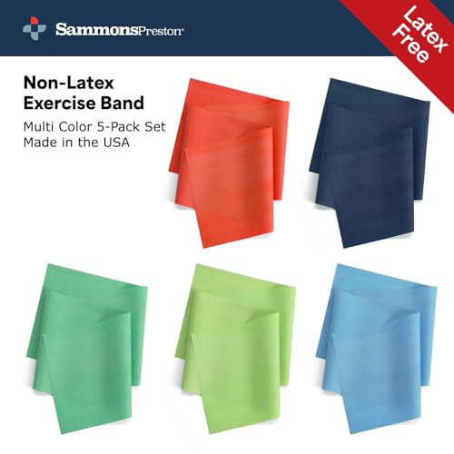 Sammons Preston Non-Latex Exercise Band, 5 Pack, Improve Strength, Dexterity, and Flexibility, Stretch & Tone All Major Muscle Groups, Set of 5 Includes All Five Increasing Resistance Levels