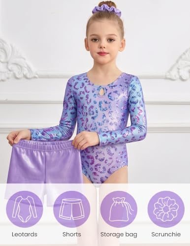 Arshiner Girls Gymnastics Leotard Set 6-7 Years Purple Leopard Long Sleeve Tumbling Outfit
